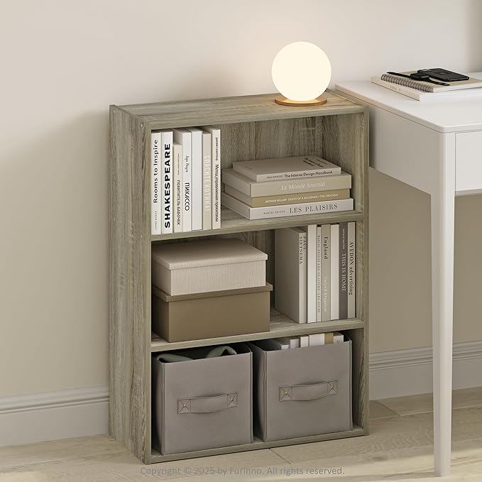 Furinno Simple Book Shelf, 3-Tier Bookshelf, Storage Shelves Bookcase, 9.7 x 23.7 x 31.5, for Living Room, Bedroom, Home Office, Sonoma Oak