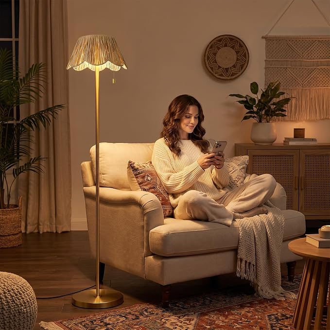 OYEARS 65" Boho Floor Lamps for Living Room, Rattan Floor Lamp, Pull Chain Switch, Gold Standing Lamp with Hand-Woven Shade, Farmhouse Tall Lamps for Nursery, Metal Base&Pole, Bulb not Included, Gold