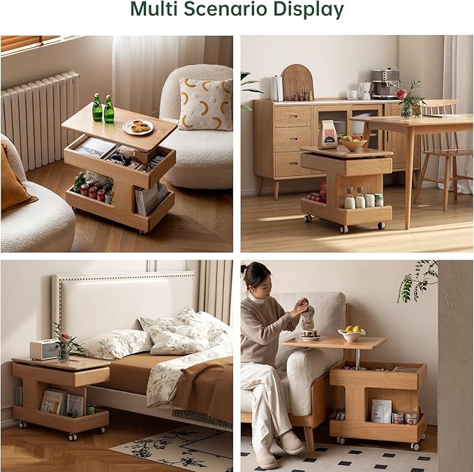 100% Solid Wood Lift Top Coffee Table with Storage, Small Bedside Table with Wheels and 360° Rotating Desktop, Rolling Coffee Table for Living Room, Bedroom(Natural, No Need to Install)
