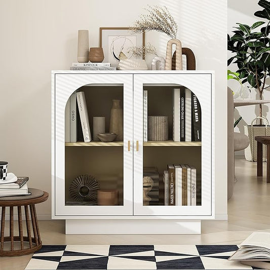 Sideboard Buffet Cabinet with Storage - Accent Storage Cabinet Modern Furniture, 2 Door Glass Cabinet with Adjustable Shelf, Wood Credenza for Living Room, Entryway, Dining Room, Kitchen(White)