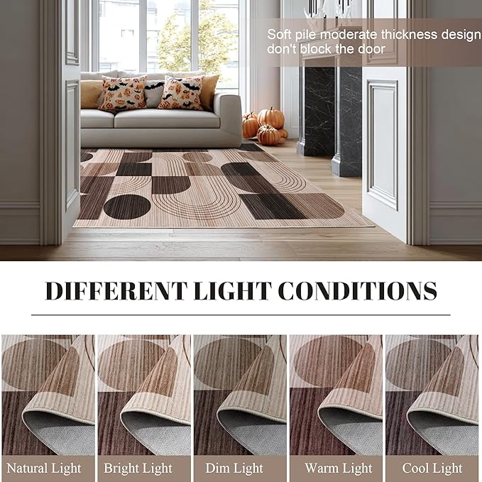Large Machine Washable 9x12 Area Rug, Soft Modern Geometric Abstract Brown Rugs for Bedroom Living Room, Non-Shedding Faux Wool Indoor Throw Floor Carpet for Office Entryway Dining Room Decor