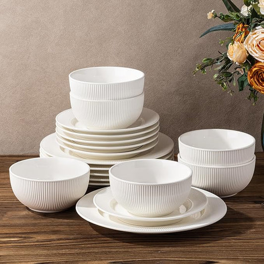 TheTerra Stoneware Dinnerware Sets for 6, 18 Pieces Ceramic Plates and Bowls Sets, Scratch Resistant Embossed Dish Set, Oven, Microwave & Dishwasher Safe, Bright White