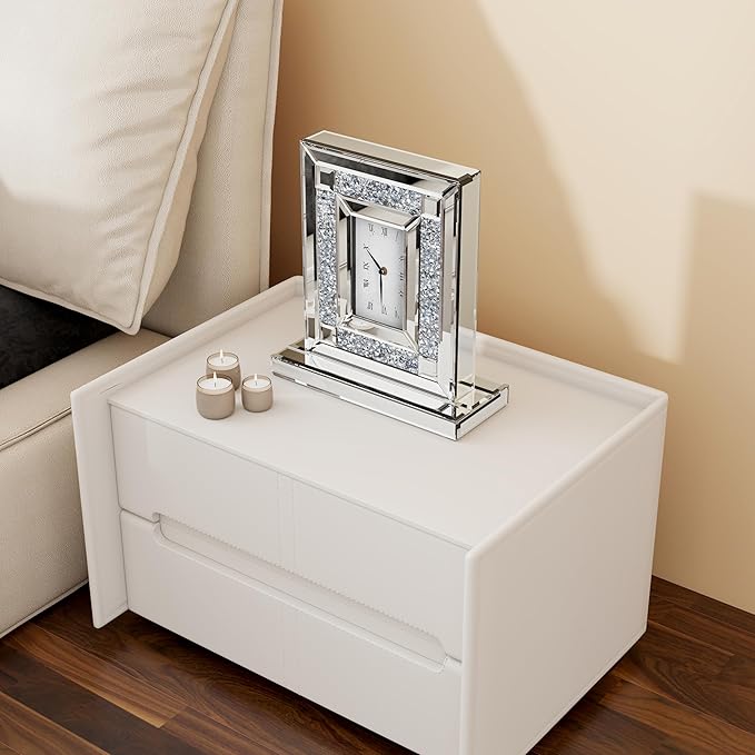 SHYFOY Mirrored Desk Clock, Decorative Table Clocks with Crushed Diamond 13.2x11.8 Luxury Rectangular Crystal Clock with Glass Beveled, Non-Ticking Silver Clocks for Living Room Office Tabletop