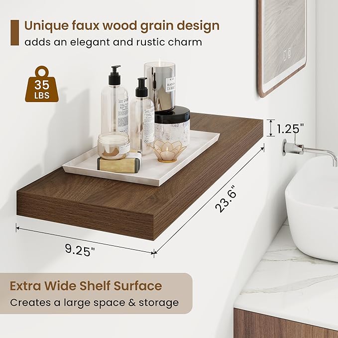 24in Floating Shelves for Wall, 24"W x 9.25"D x 1.25"H, 2 Pack Long Wall Mounted Engineered Wood Shelves with Invisible Brackets for Living Room, Bedroom, Bathroom, Kitchen Decor and Storage, Walnut
