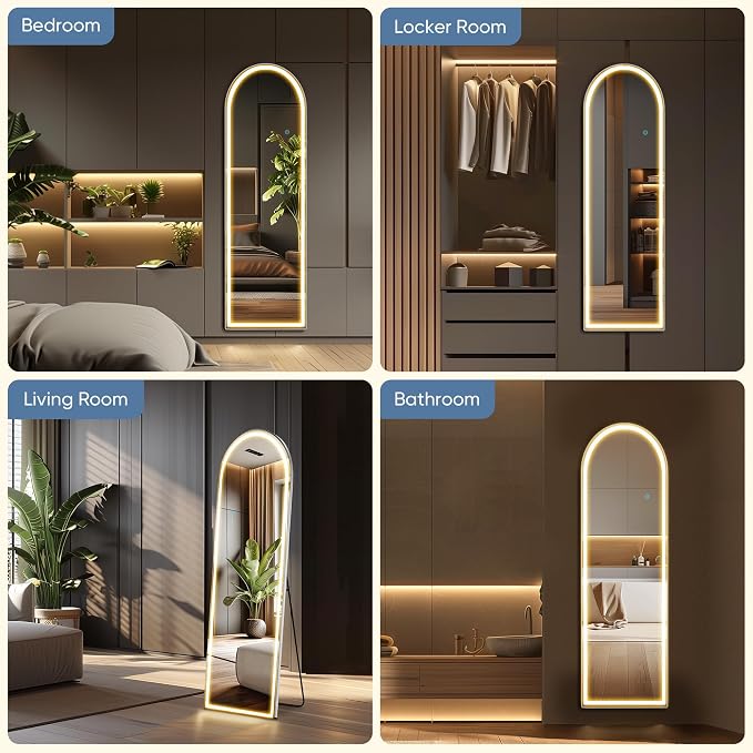 OLIXIS 16"x 60" Arched LED Full Length Mirror with Lights, Standing Lighted Floor Full Body Mirror with 3 Color Lighting, Wall Mounted Mirrors for Bedroom, Bathroom, Entryway with Tempered Glass