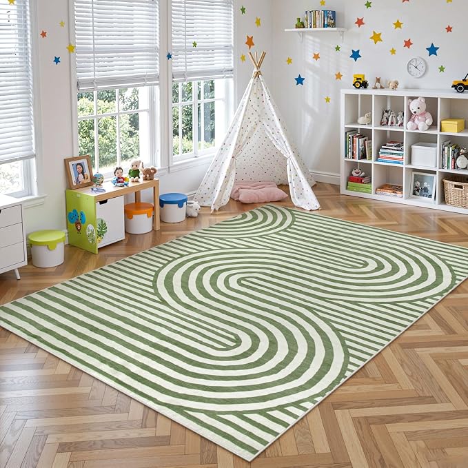 Lahome Green Washable Rug 5x7, Soft Kids Bedroom Rug Mid Century Modern Area Rugs for Living Room, Non-Slip Ultra-Thin Stain Resistance Abstract Rug for Nursery Large Playroom Office Alba(5'X7',Green)