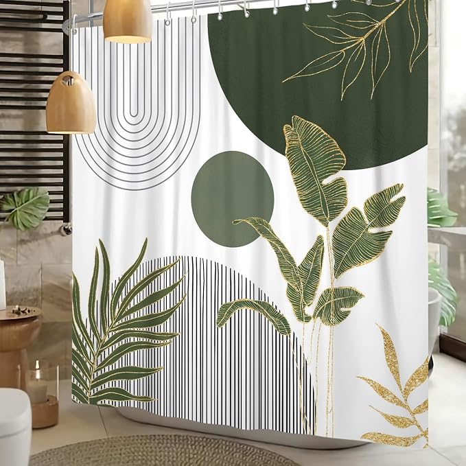 Mid Century Boho Shower Curtain, Abstract Modern Sun Minimalist Aesthetic Shower Curtain, Bohemian Geometric Arch Curve Leaves Neutral Art Fabric Bathroom Curtain Sage Green 72x72 inch