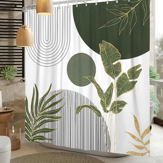 Mid Century Boho Shower Curtain, Abstract Modern Sun Minimalist Aesthetic Shower Curtain, Bohemian Geometric Arch Curve Leaves Neutral Art Fabric Bathroom Curtains Sage Green 48x72 inch