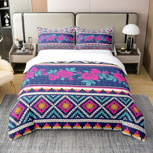 100% Cotton Roses Duvet Cover Full Ethnic Bedding Set Boho Purple Floral Comforter Cover Geometric Tribal Country Flowers Aztec Bedroom Decor Romantic Geometric Bohemian Quilt Cover for Women Girls