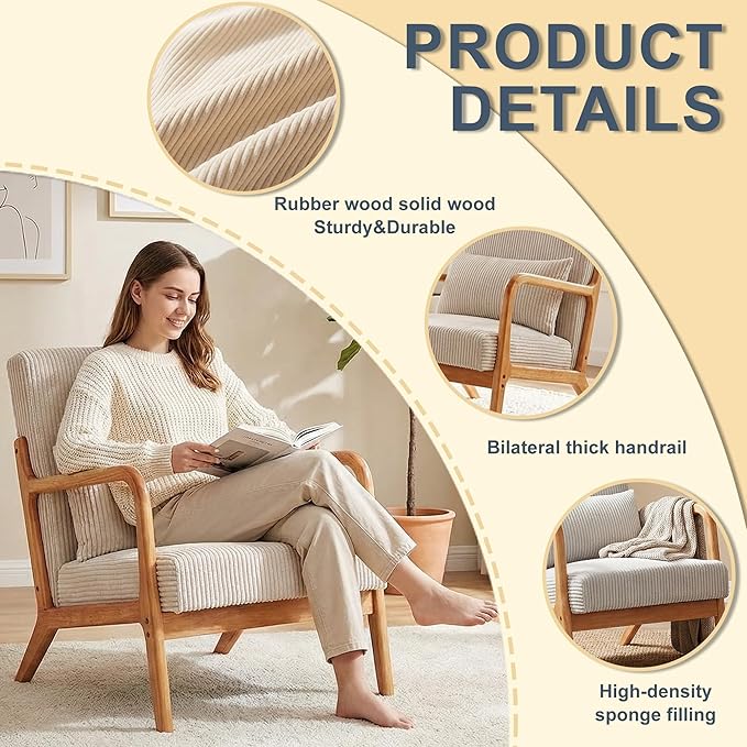 HjaustevyAccent Chairs, Mid Century Modern Chair with Pillow, Arm Chair with Solid Wood, Reading Relaxing Leisure Chair for Living Room, Waiting Room, Beige