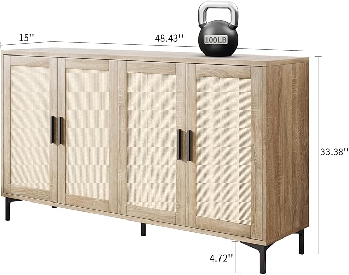 JASIWAY Buffet Cabinet with Storage, 48" Rattan Sideboard with Adjustable Shelves, Modern Coffee Bar Cabinet Console Table with Doors, Credenza for Kitchen, Living Room, Entryway, Dining Room, Wood