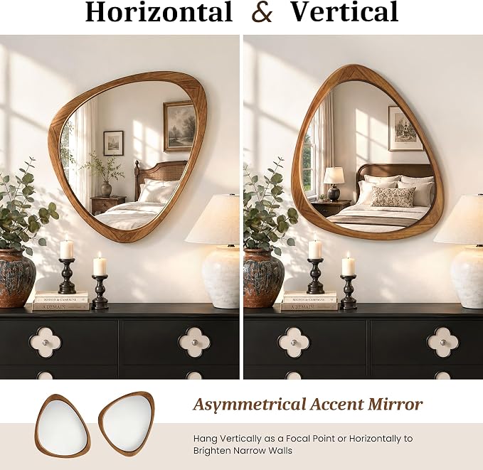 Asymmetrical Mirror, 24"x19" Unique Irregular Wall Mirror, Wood Mid Century Modern Mirror Decor for Bathroom Bedroom Living Room Entryway Hallway (Natural Wood)