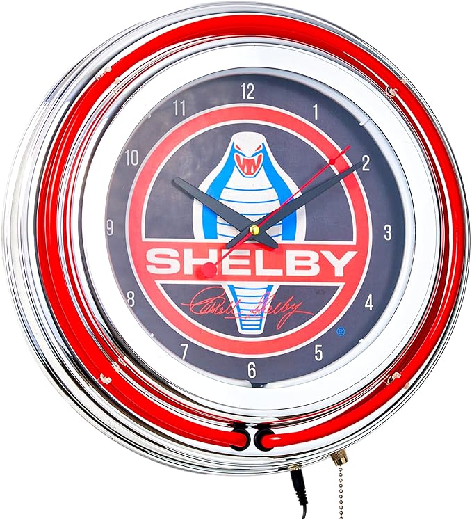 American Art Decor Retro Neon Wall Clock - Round Battery Operated Vintage Analog Clock W/Pull Chain - for Bar, Man Cave, Garage, Arcade, Game Room & More (Shelby, 14.5” x 14.5” x 3.25”)