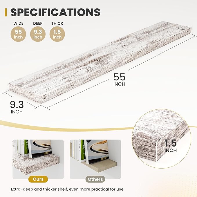 55 Inch Floating Shelves, 9.3" Deep Floating Shelf Wall Mounted, 56" Wall Shelves, Rustic Deep Bookshelf, Large Display Shelves & Storage Shelves for Bedroom, Living Room, Rustic, Set of 2