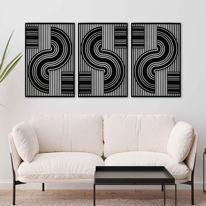 Abstract Retro Design Wood Wall Art Set of 3, Mid Century Curved Line Panels, Bauhaus Geometric Modern Wooden Decor, Housewarming Gift for Living Room and Bedroom