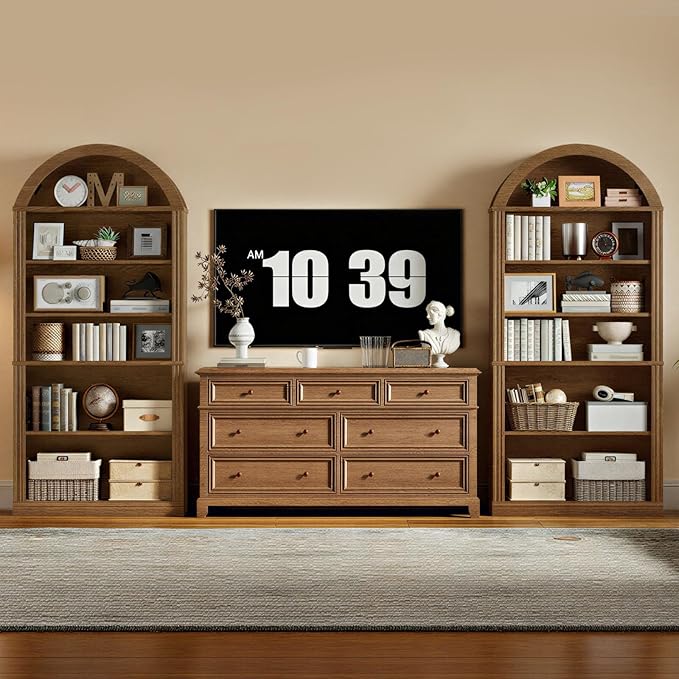 RALGEND Arched Bookshelf Set of 2, 75.8" Tall Arch Bookcase with Storage, 6-Tier Farmhouse Book Shelf, Arched Cabinet, Wooden Bookshelf with Open Display Shelves, Adjustable Shelf, Office, Walnut