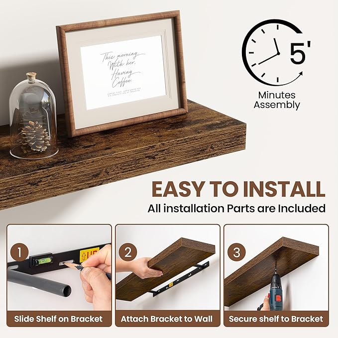 55 Inch Floating Shelves for Wall 1 Pack, 55" Wall Shelves for Books, Storage, Decor, Wall Mounted Floating Shelf with Invisible Brackets for Kitchen, Living Room, Brown
