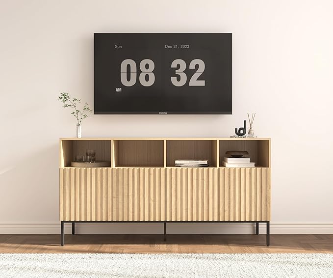 Oxford Fluted Storage Cabinet, Sideboard Buffet Credenza with Doors, Accent Console for Living Dining Room, Entryway, Natural Oak