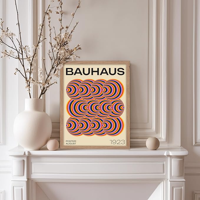 Poster Master Bauhaus Poster - Abstract Spiral Print - Geometric ART - Rainbow ART - Psychedelic Style - Chic Boho - Mid Century Modern - Living Room or Bedroom Decor - 8x10 Beige Framed