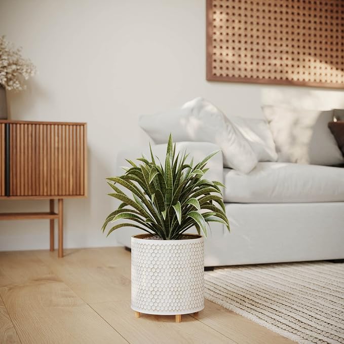 EverNest Honeycomb Gold and White Planter with Wooden Peg Leg Stand, 12-Inch Plant Pot, SelectBase, Mid-Century Modern, Indoor Home Decor Planters (Large, 3 Gallon)
