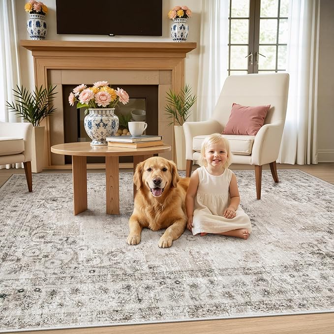 Area Rug 4x6 Vintage Rug: Washable Indoor Medallion Rugs Low Pile Distressed Floor Carpet Retro Accent Rug for Living Room Bedroom Kitchen Dining Table Home Office(Distressed Taupe, 4'x6')