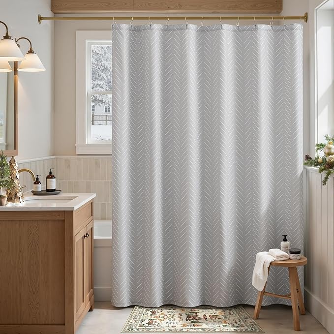 jinchan Extra Long Grey Shower Curtain with White Herringbone Striped Zig Zag Chevron Waterproof Fabric Modern Farmhouse Shower Curtains for Bathroom with 12 Hooks 70x84 Inches