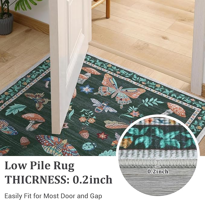 5x7 Washable Mushroom Floral Small Rug Non Slip Living Room Vintage Area Rug Low Pile Soft Bedroom Rugs Non Shedding Kitchen Rugs Boho Retro Indoor Carpet for Kids Nursery Room, Black