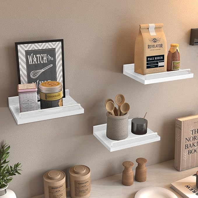 Small Floating Shelf, 6 X 9 Inches Farmhouse Wall Shelves for Living Room, Bedroom, Picture Frames, Plants, Kitchen, Set of 3 (White)