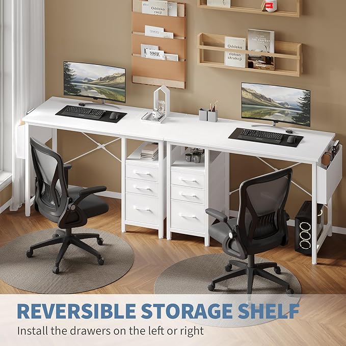 DUMOS 39" Computer Desk with Storage, Small Home Office Desk with 3 Fabric Drawers & Side Pocket, Space Saving Writing Desk for Apartment, Dorm, Gaming Workstation, White
