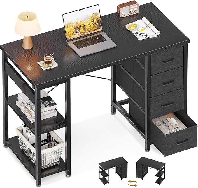 ODK 40 Inch Small Computer Desk with 4 Fabric Drawers, Modern Writing PC Desk for Small Spaces, Study & Home Office Desk with Storage Shelves, Black