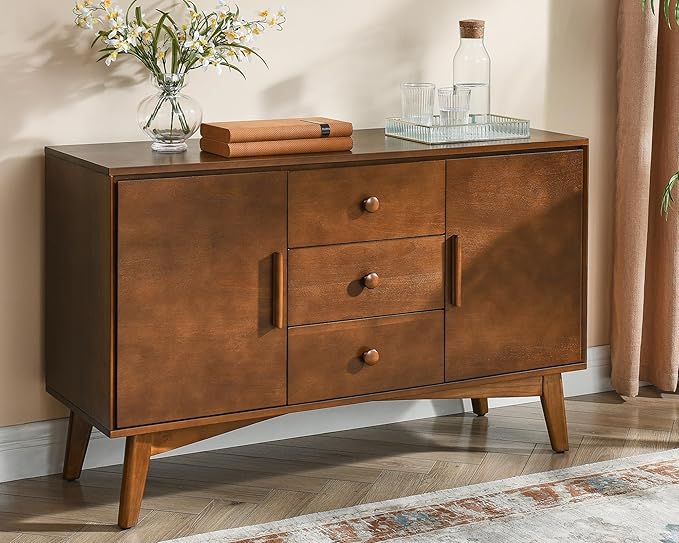 LKTART 47.3" Mid Century Modern Sideboard Buffet Cabinet with Solid Wood Frame&Legs,Accent Storage Cabinet with 2 Doors and 3 Drawers for Kitchen,Entryway,Walnut