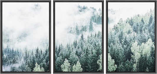 SIGNWIN Framed Canvas Print Wall Art Set Aerial View Foggy Mountain Forest Nature Wilderness Photography Modern Art Rustic Landscape Relax/Calm for Living Room, Bedroom, Office - 16"x24"x3 Black