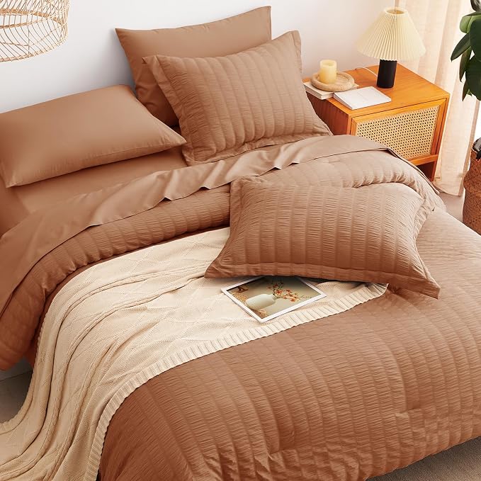 CozyLux Queen Comforter Set Pumpkin, 7 Pieces Seersucker Textured Luxury Bed in a Bag Queen, All Seasons Soft Bedding Sets with Down Alternative Comforter, Sheets, Pillowcases & Shams, Home Gift