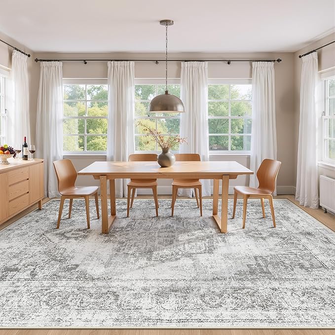 Area Rug 8x10 Vintage Rugs: Large Washable Indoor Medallion Rug Low Pile Distressed Floor Carpet Retro Accent Rugs for Living Room Bedroom Kitchen Dining Table Home Office(Grey, 8'x10')