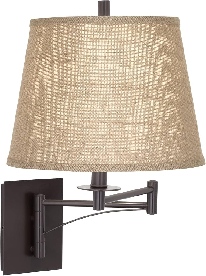 Franklin Iron Works Brinly Farmhouse Rustic Swing Arm Wall Lamps Set of 2 Matte Brown Metal Plug-in 12" Fixture Burlap Hardback Drum Shade for Bedroom Bedside Living Room Hallway Reading