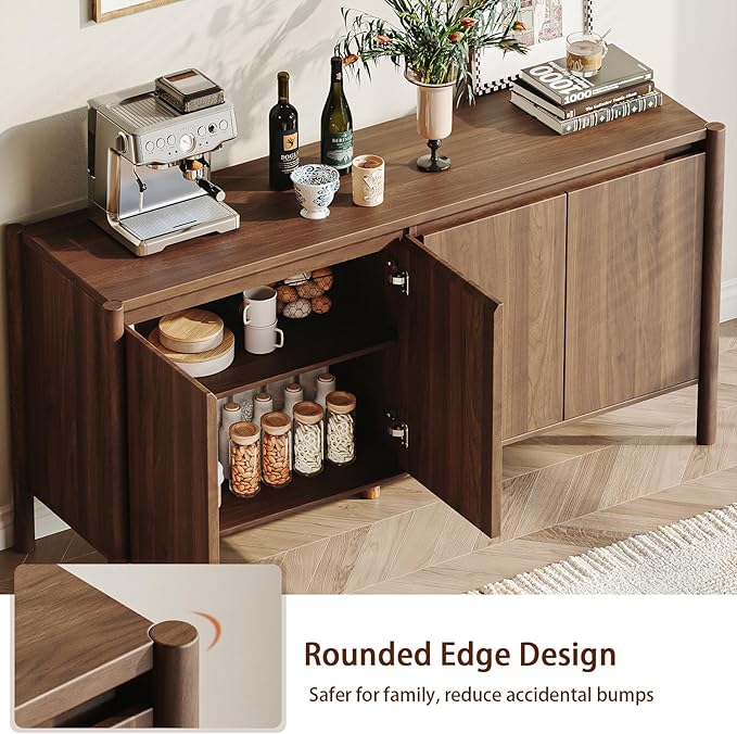 59" Wide Walnut Buffet Cabinet Storage,4 Doors and Adjustable Shelves,Solid Wood Round Legs,Wood Mid Century Sideboard for Kitchen,Living Room,Coffee Bar.