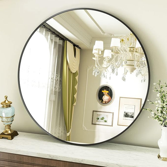 VooBang Round Mirror 36" Black Wall Mounted Circle Mirrors Vanity Mirror with Aluminum Alloy Frame Modern Decoration for Bathroom, Living Room, Vanity, Bedroom, Entryway
