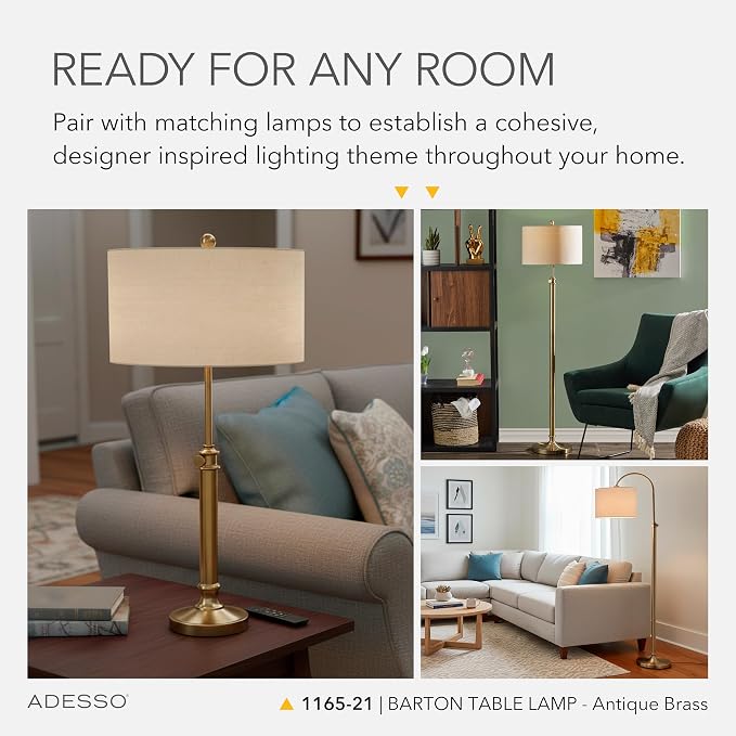 Adesso Antique Brass Table Lamp with Oatmeal Linen Shade – Adjustable Height Accent Light for Bedroom, Living Room, or Home Office, up to 34” Tall