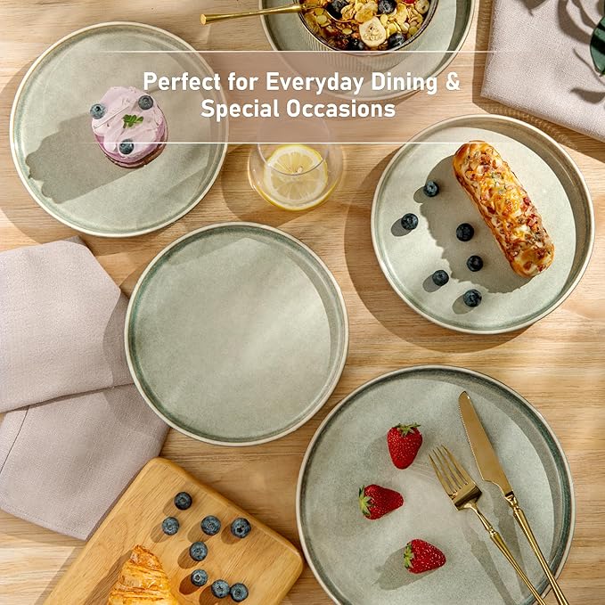 GBHOME 24-Piece Stoneware Dinnerware Set for 8 – Ribbed Ceramic Plates and Bowls, Scratch-Resistant, Microwave & Dishwasher Safe, Reactive Glaze, Desert Sage