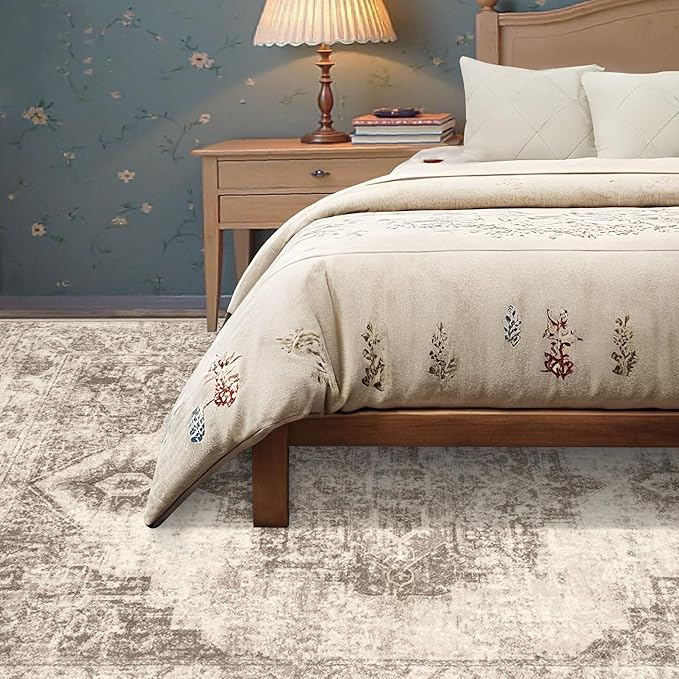 Area Rug 5x7 Vintage Rugs: Washable Indoor Medallion Rug Low Pile Distressed Floor Carpet Retro Accent Rugs for Living Room Bedroom Kitchen Dining Table Home Office(Taupe, 5'x7')