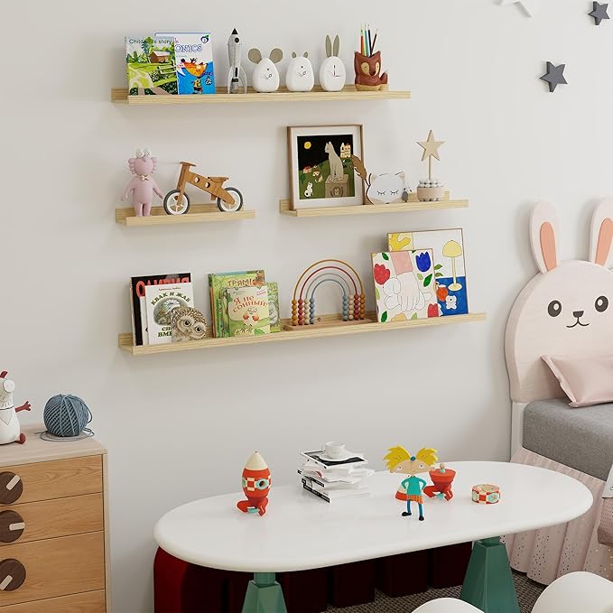 Fun Memories Picture Ledge Shelf, 48 Inch Long Floating Shelves Set of 6, Picture Shelf for Wall with Lip, Large Nursery Book Shelves for Storage, Wall Shelves for Living Room Bedroom Kitchen, Oak