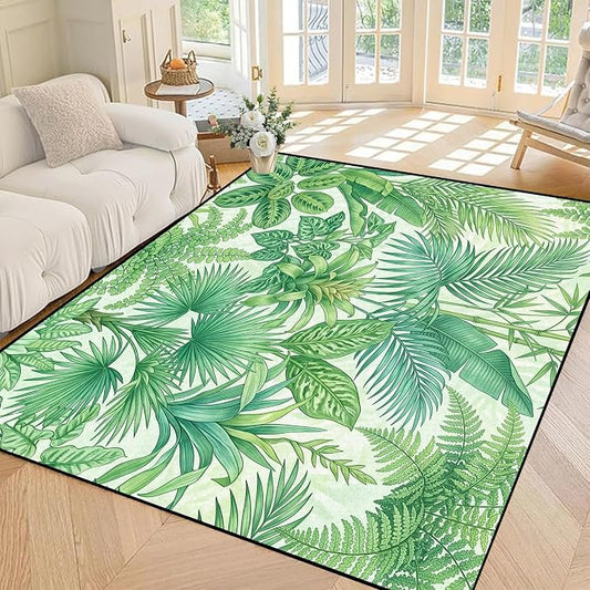 Tropical Leaves Area Rug 4'x6' Green Botanical Palm Fern Leaf Rug Non Slip Washable Indoor Floor Mat for Bedroom Living Room Nursery Kitchen Playroom Home Decor
