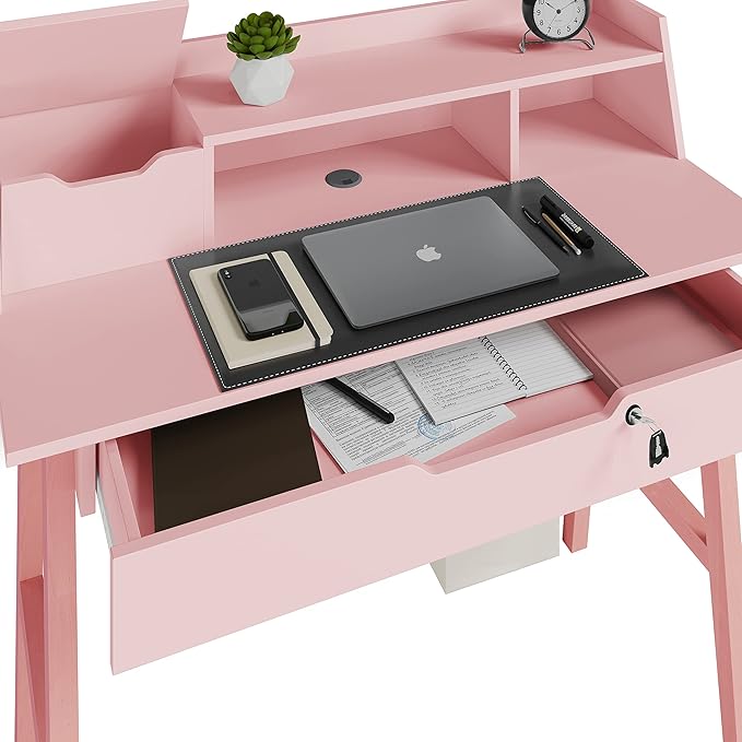 Modern Design Roma Small Desk for Bedroom, 40 inch Pink Writing Desk with Hutch and Locking Drawer, by Crafts and Comfort
