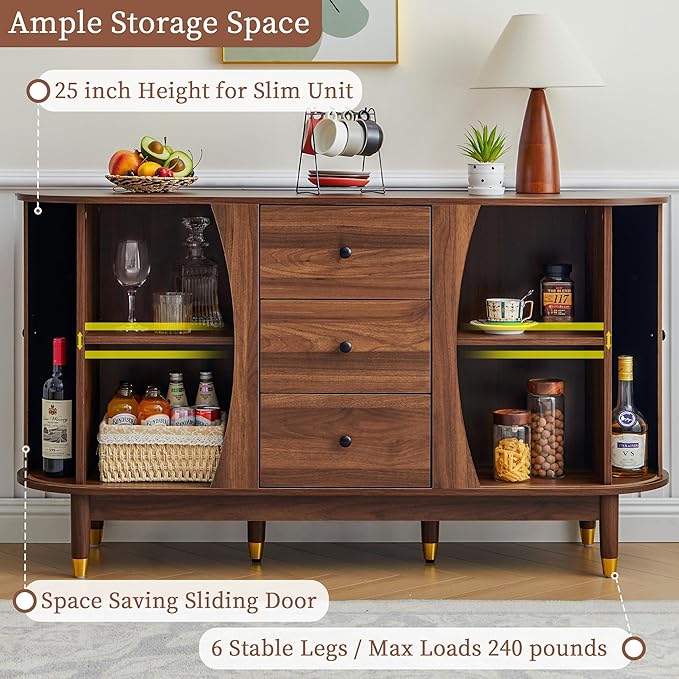 55inch Sideboard Buffet Cabinet with Drawer,Oval Curved Sideboard with Tambour Sliding Door,Walnut Buffet Storage Cabinet for Dining Room Living Room Entryway