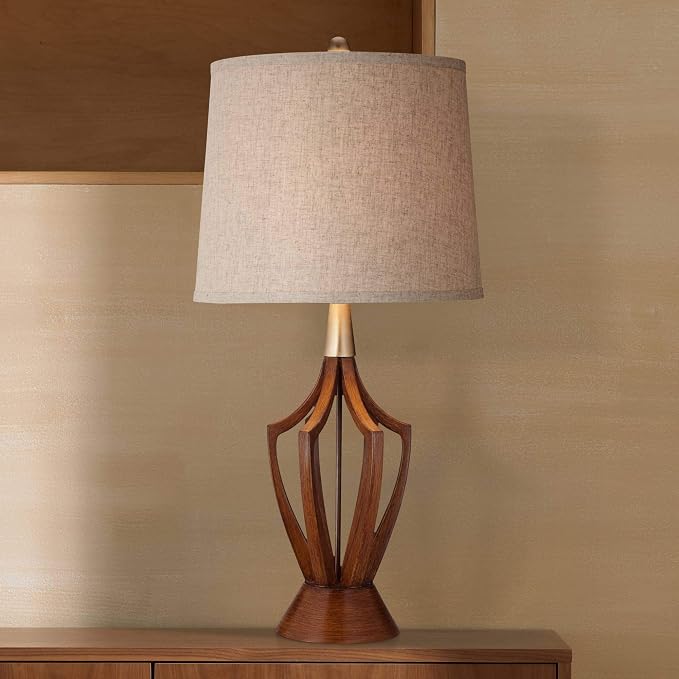 360 Lighting St. Claire Mid Century Modern Table Lamp 30 3/4" Tall Wood Brown Open Vase Taupe Fabric Drum Shade for Bedroom Living Room House Bedside Nightstand Home Office Entryway Family