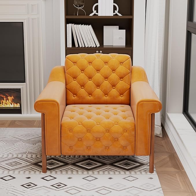 EJUNQ Faux Leather Accent Chair, Mid-Century Modern Armchair, Retro Upholstered Armchair Accent Chair Club Chair for Living Room, Bedroom, Waiting Room, Office, Orange
