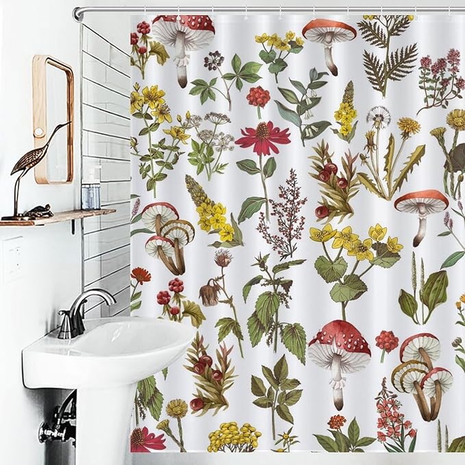 Mushroom Shower Curtain for Bathroom, Farmhouse Wildflower Botanical Mushroom Plants Leaf Sage Green Rustic Vintage Cottagecore Nature Waterproof Fabric Shower Curtain Set with Hooks, 72"x72" Inch