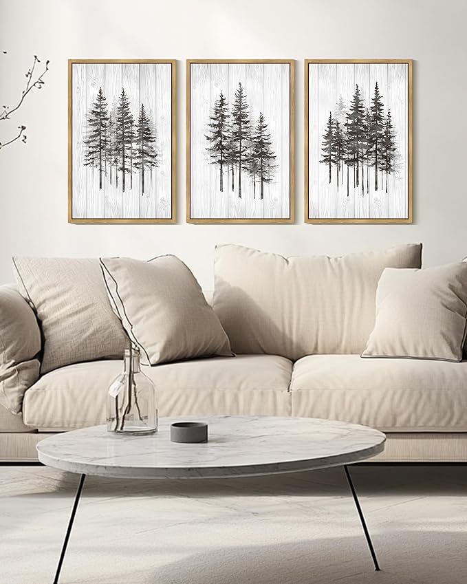 KUVIOKE Woodcut Pine Tree Framed Wall Art Nature Abstract Forest Wall Decor Rustic Minimalist Painting for Bedroom Dining Room 16x24in (Natural Framed)