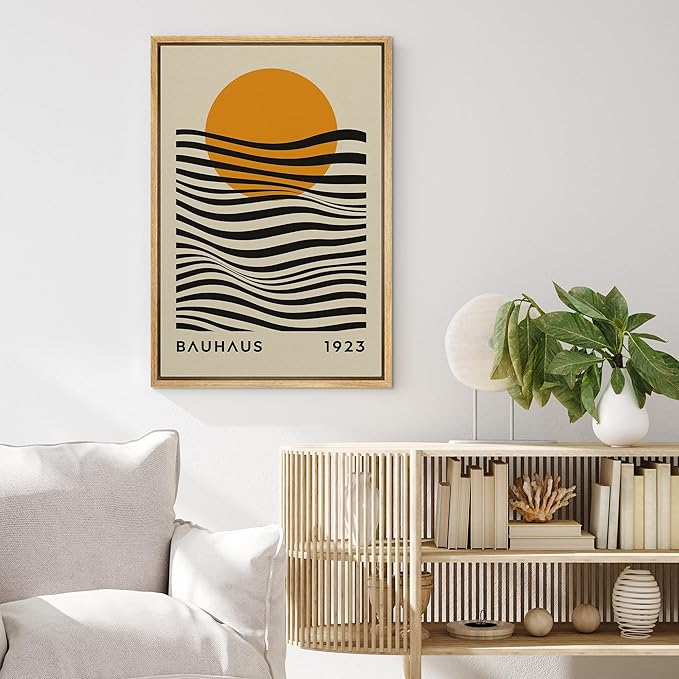 MUDECOR Framed Canvas Print Wall Art Mid-Century Bauhaus Geometric Sun Waves Shapes Abstract Illustrations Modern Art Minimal Multicolor Relax/Calm for Living Room, Bedroom, Office - 16"x24" Natural