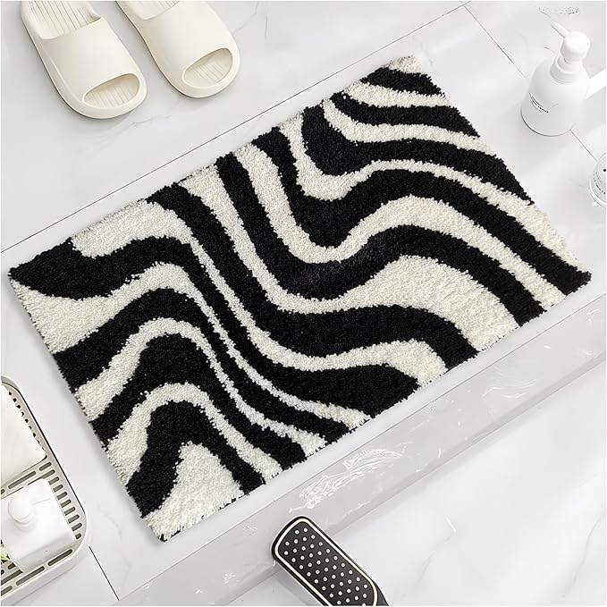 Civkor Black and White Bathroom Rug, Tufted Bath Mat for Bathroom, Small Bathroom Mat with Non Slip TPR Backing, Machine Washable Quick Dry 16x24Inch Bath Mats for Floor, Shower, Sink